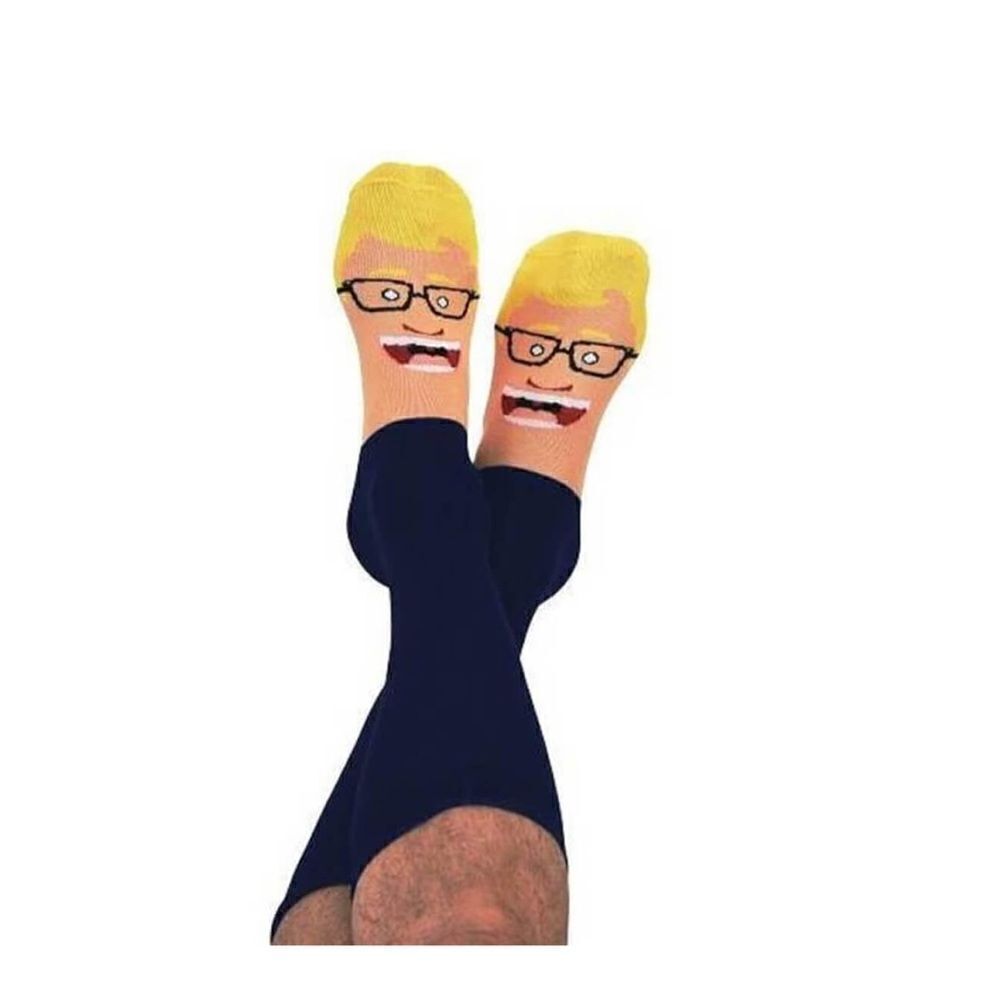 Snoozes Faces blonde face with glasses navy blue men’s socks shoe size 7-12 NWT